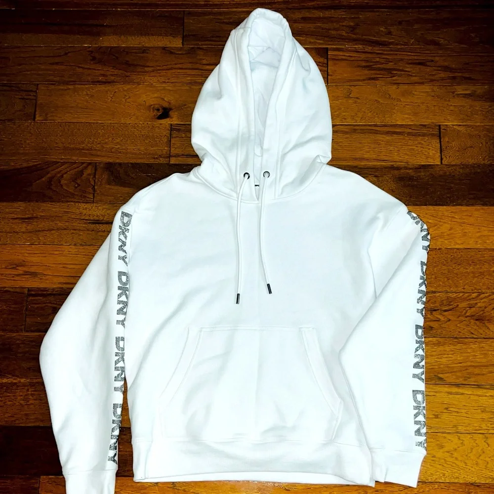 DKNY Sport White Hoodie Rhinestone Sleeves - Picture 1 of 9